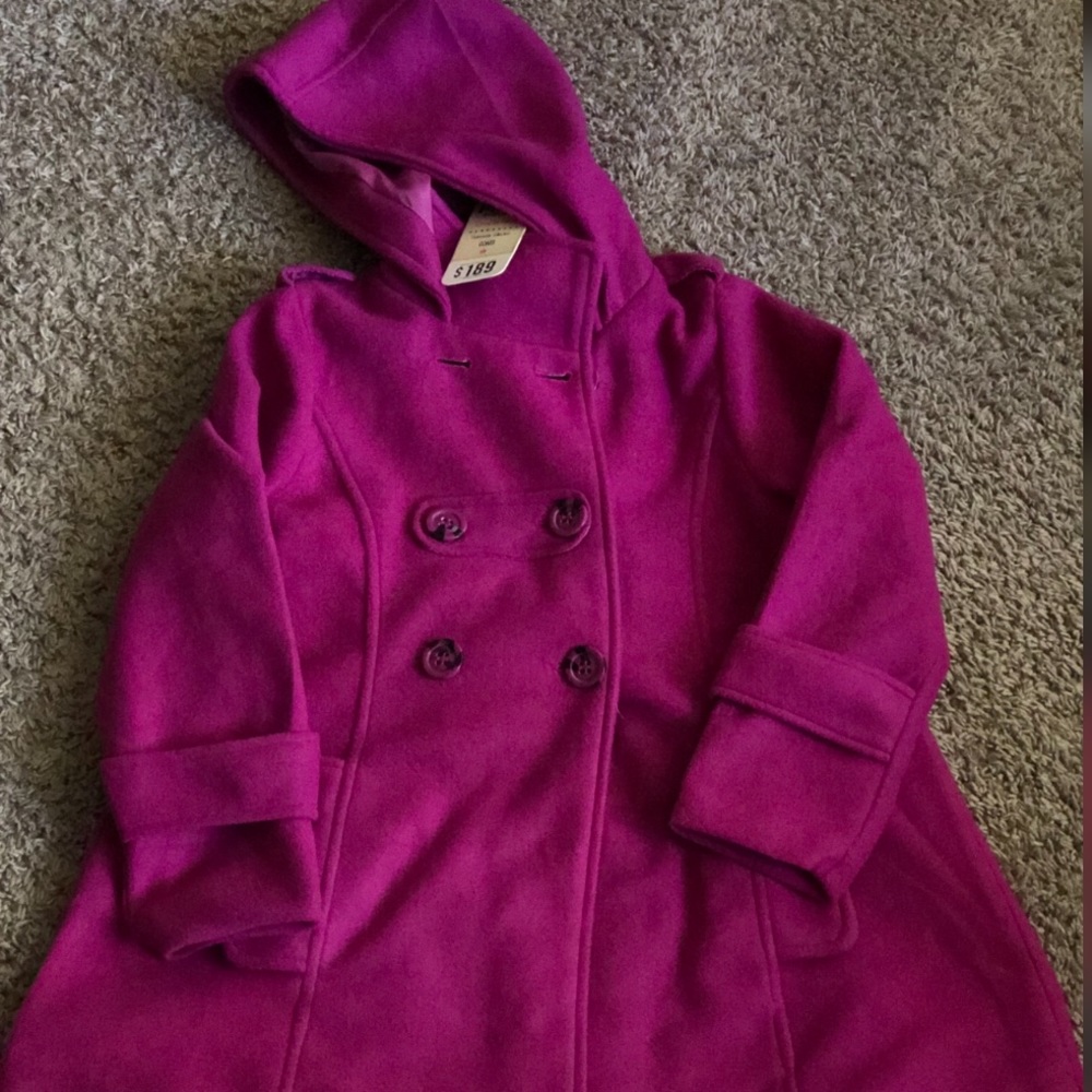 A beautiful fuchsia  pea coat with a hood